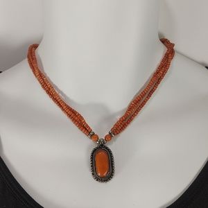 Vintage Orange Triple Strand Glass Handmade Seed Bead Stone Pendant Necklace